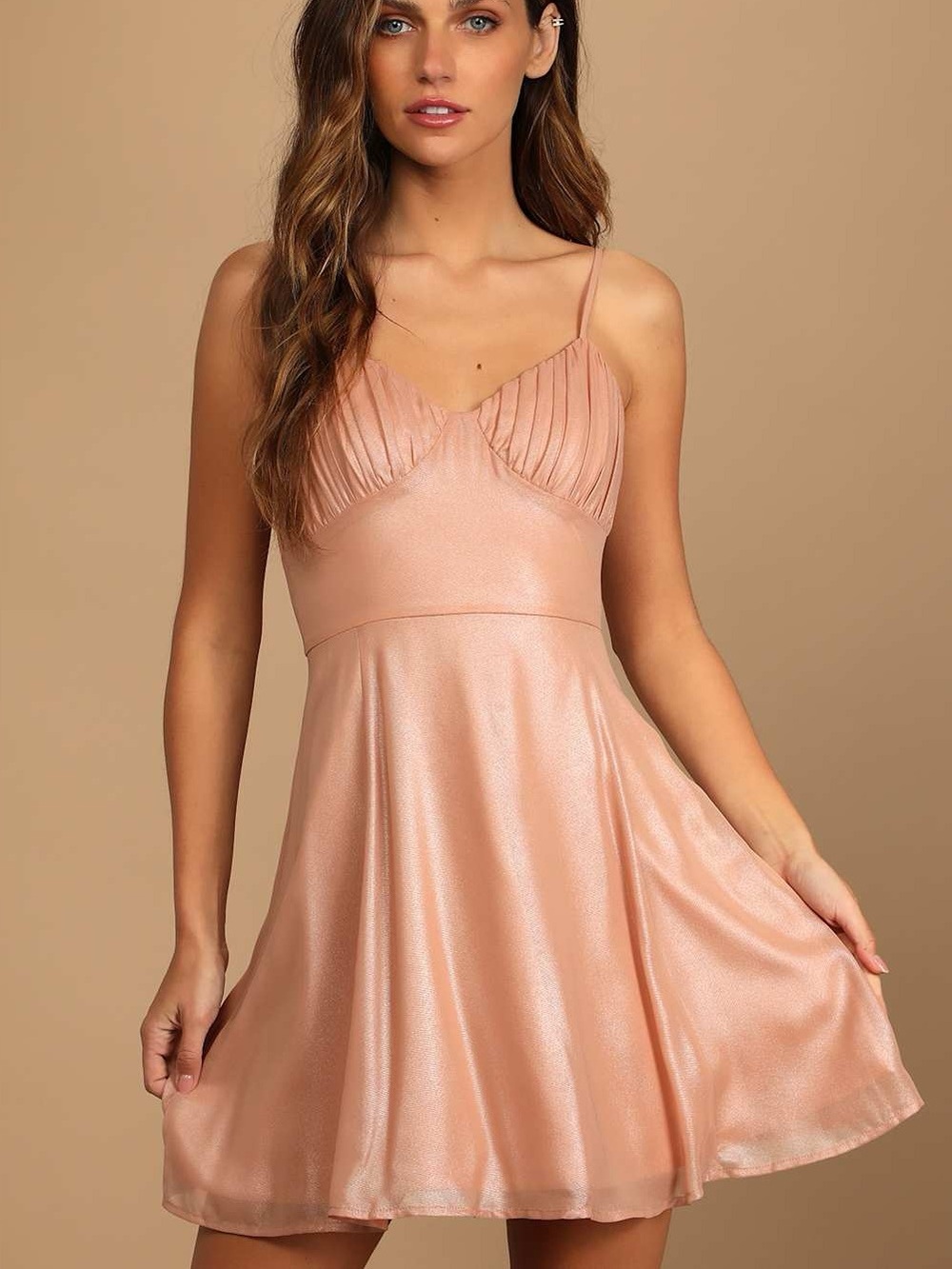 Lulus Catch a GlintBlush Metallic Bustier Mini Skater Dress Size Small Shimmer